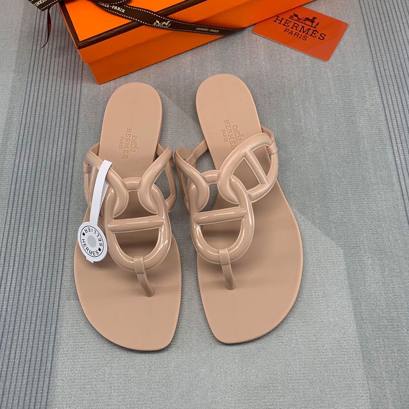 Hermes Egerie Slides Women Rubber with Chaine D'ancre In Apricot