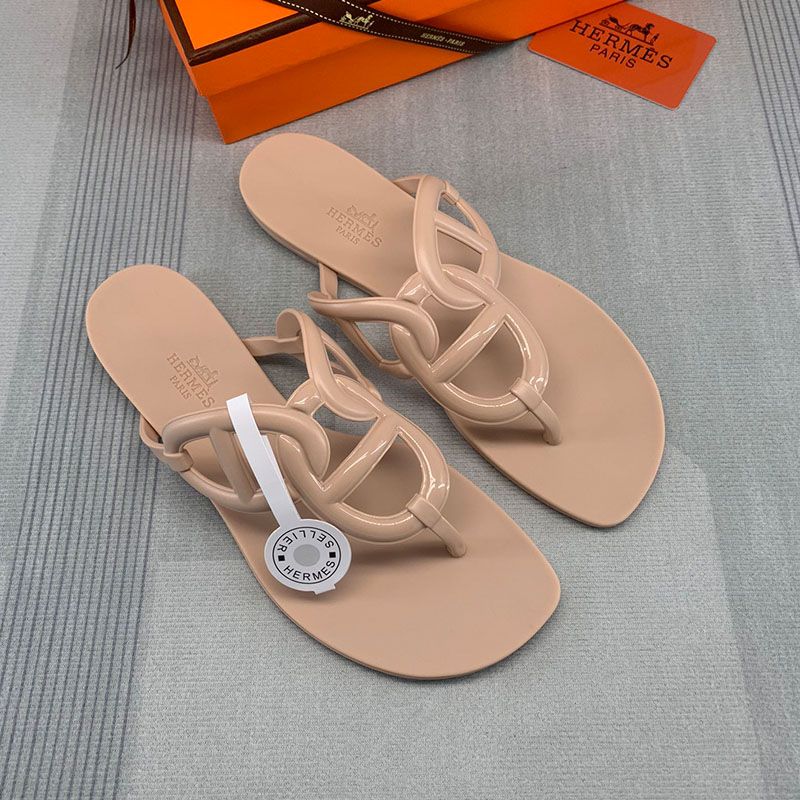 Hermes Egerie Slides Women Rubber with Chaine D'ancre In Apricot