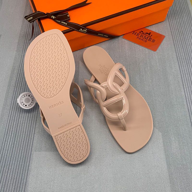 Hermes Egerie Slides Women Rubber with Chaine D'ancre In Apricot