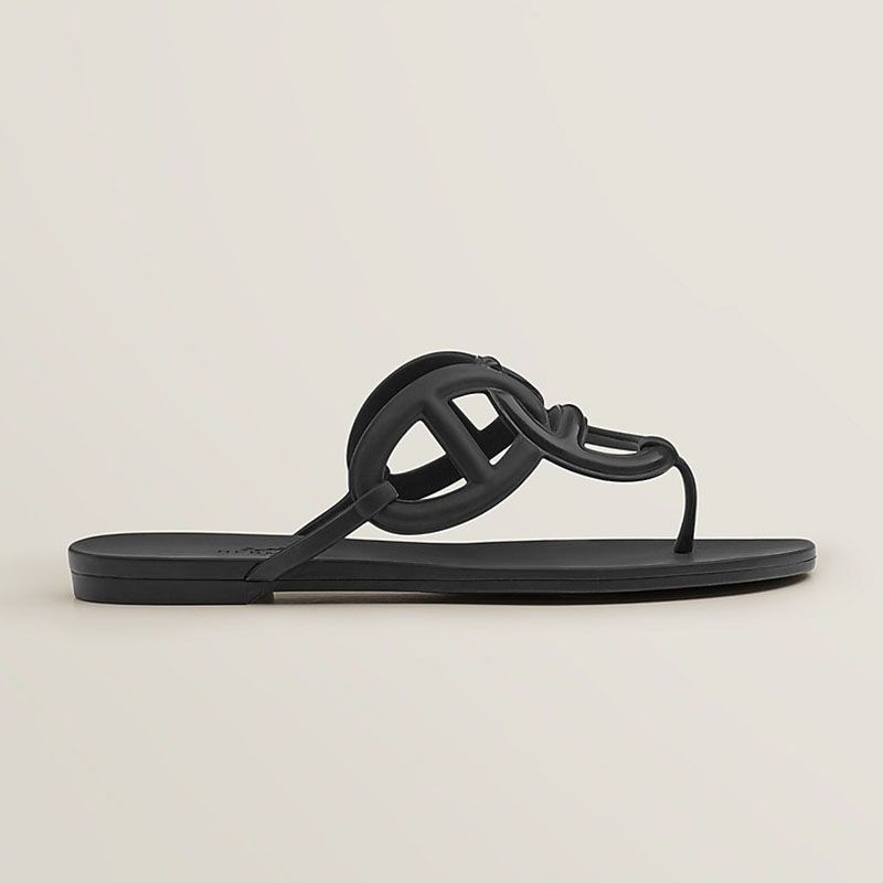 Hermes Egerie Slides Women Rubber with Chaine D'ancre In Black