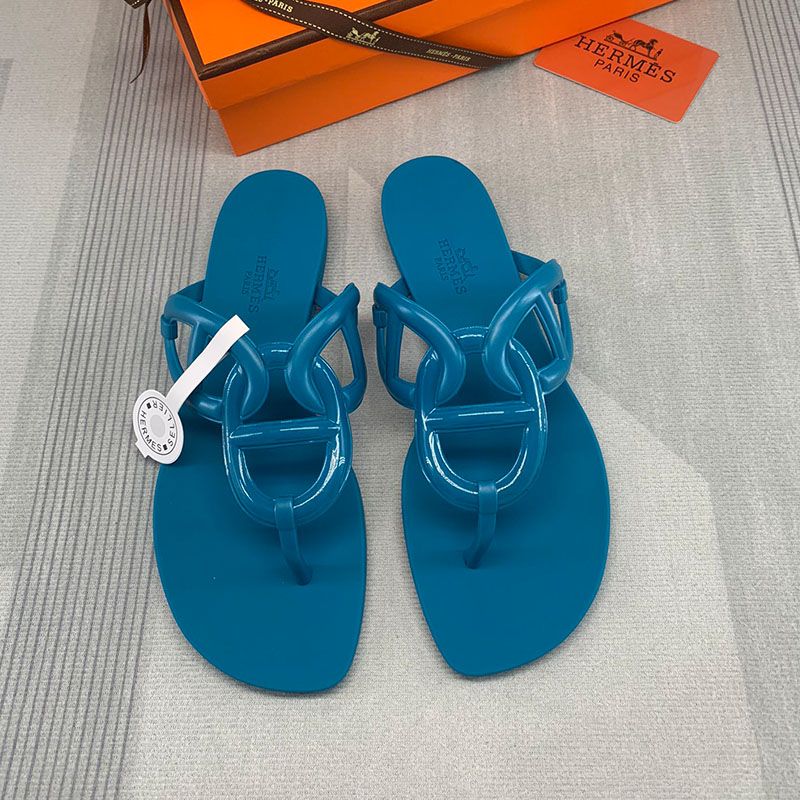 Hermes Egerie Slides Women Rubber with Chaine D'ancre In Blue