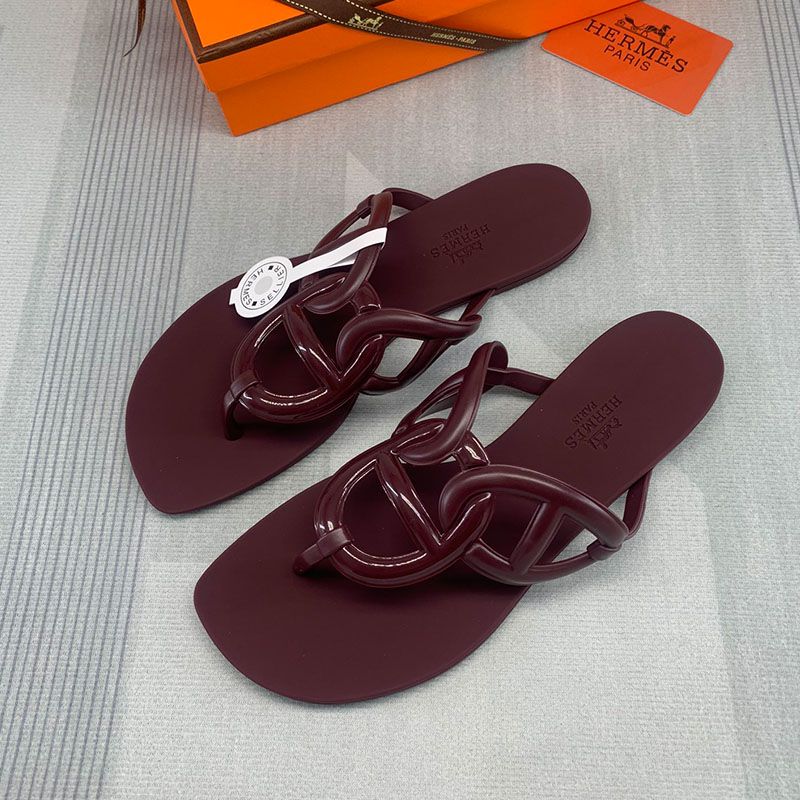 Hermes Egerie Slides Women Rubber with Chaine D'ancre In Burgundy