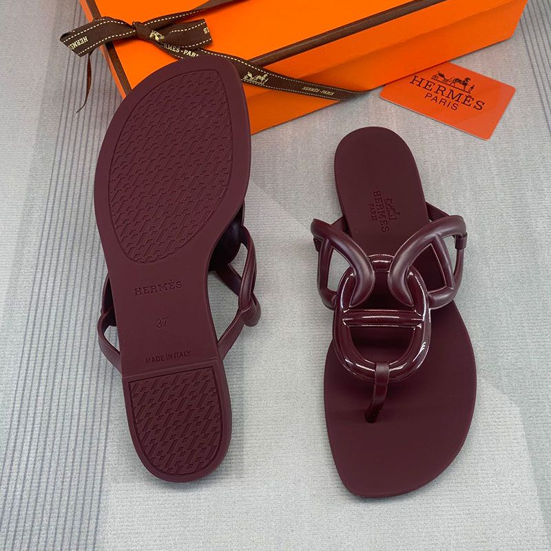 Hermes Egerie Slides Women Rubber with Chaine D'ancre In Burgundy