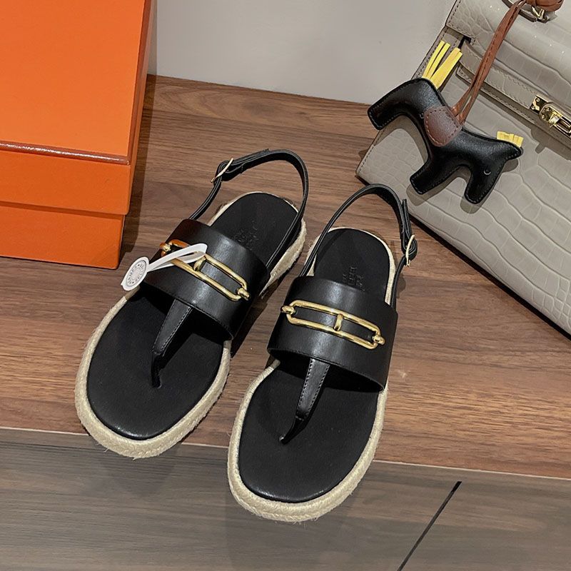 Hermes Eloise Espadrille Sandals Women Calfskin with Roulis Buckle In Black