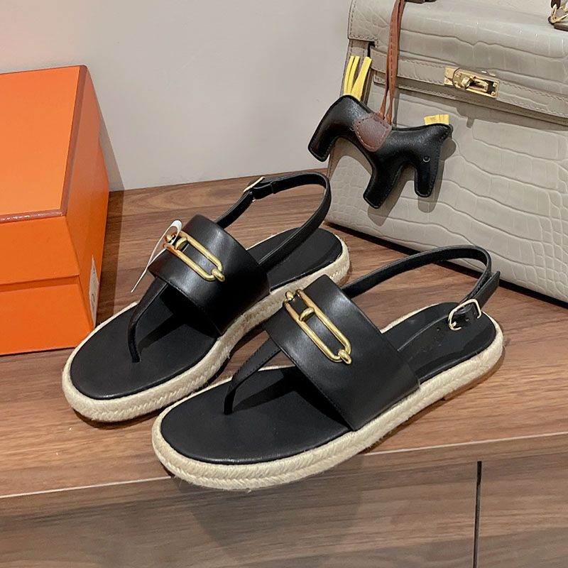 Hermes Eloise Espadrille Sandals Women Calfskin with Roulis Buckle In Black