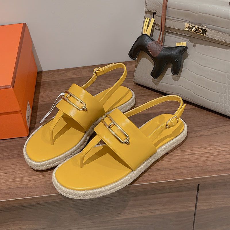 Hermes Eloise Espadrille Sandals Women Calfskin with Roulis Buckle In Yellow