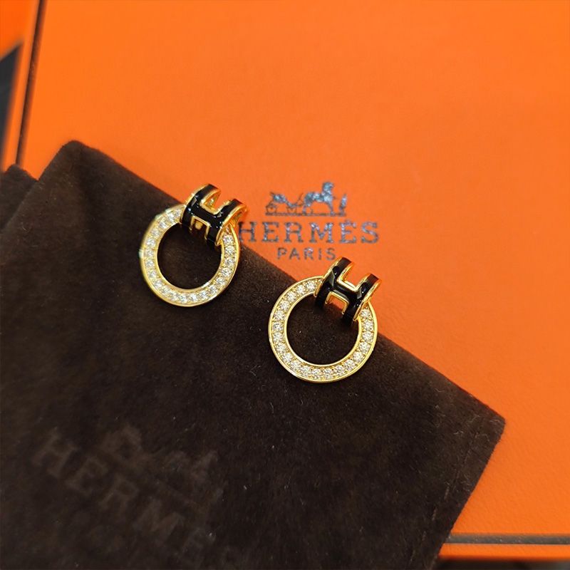 Hermes Enamel H Round Earrings With Crystal