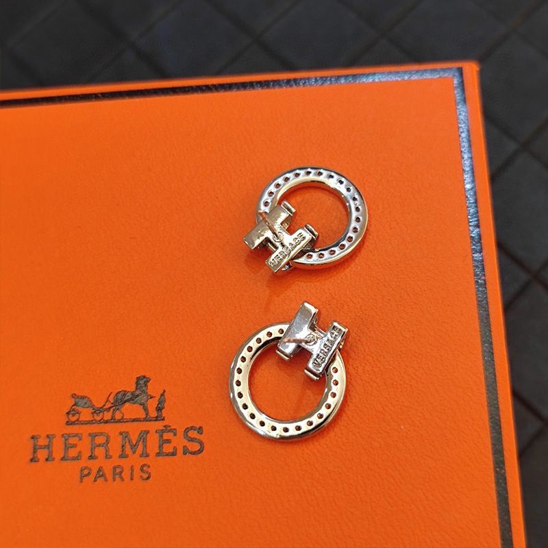 Hermes Enamel H Round Earrings With Crystal