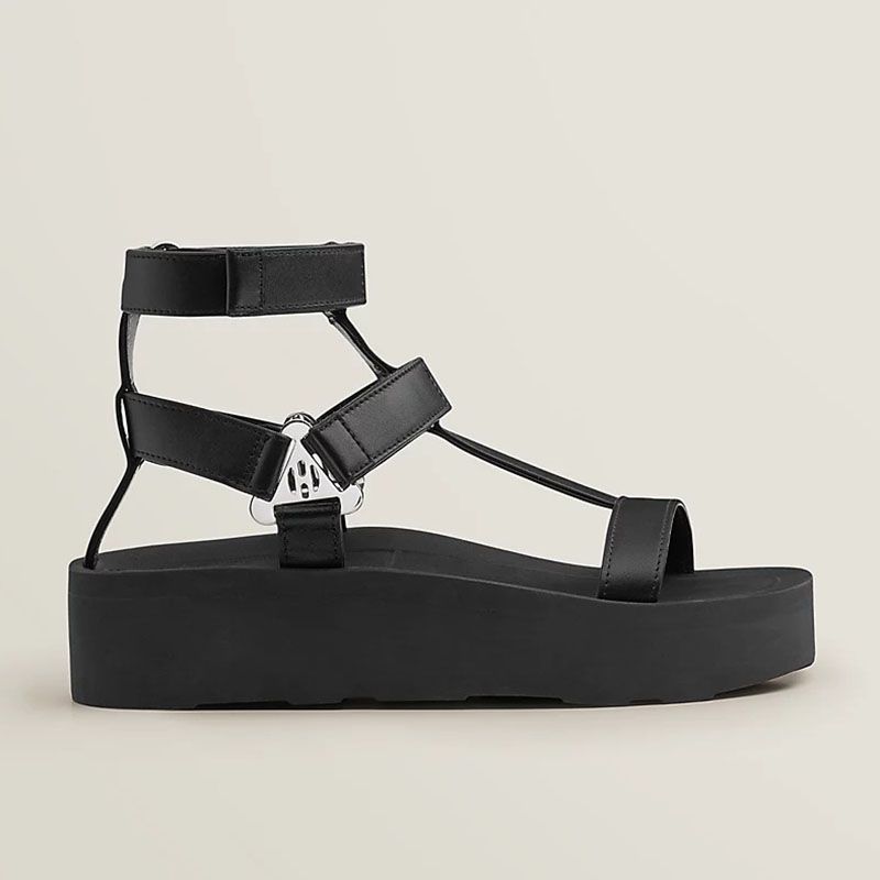 Hermes Enid Platform Sandals Women Calfskin with H Diamant Buckle In Black