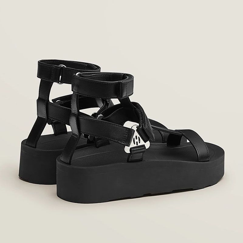 Hermes Enid Platform Sandals Women Calfskin with H Diamant Buckle In Black