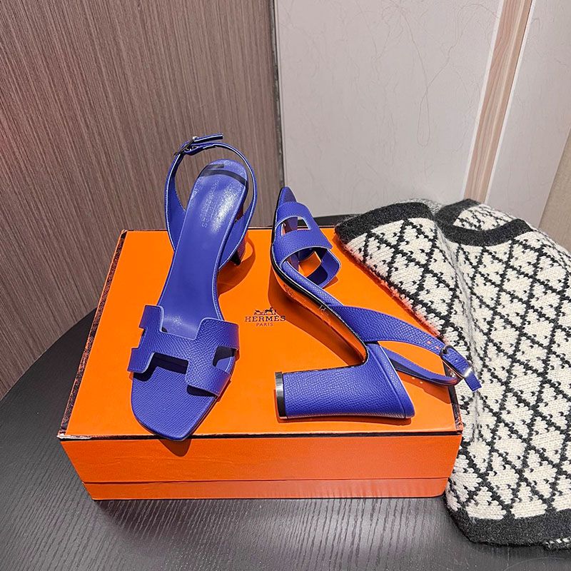 Hermes Eternite 95 Slingback Sandals Women Grained Calfskin In Navy Blue