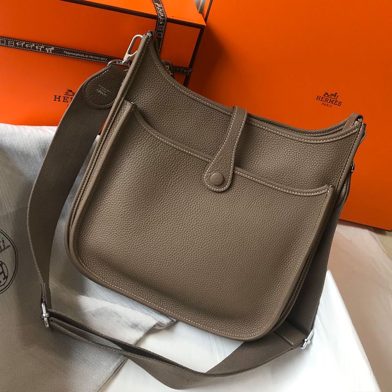 Hermes Evelyne Bag Clemence Leather Palladium Hardware In Khaki