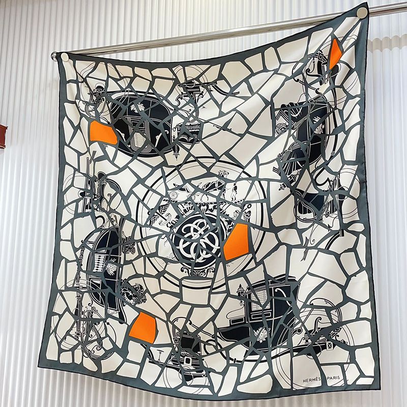 Hermes Ex-Libris En Mosaique Scarf 90 In Grey