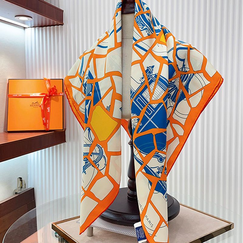 Hermes Ex-Libris En Mosaique Scarf 90 In Orange