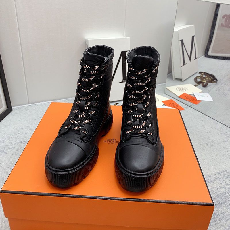 Hermes Fresh Ankle Boots Women Calfskin and Parachute with Logo Emblem In Black