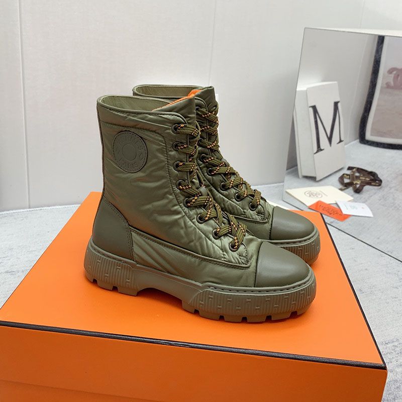 Hermes Fresh Ankle Boots Women Calfskin and Parachute with Logo Emblem In Green