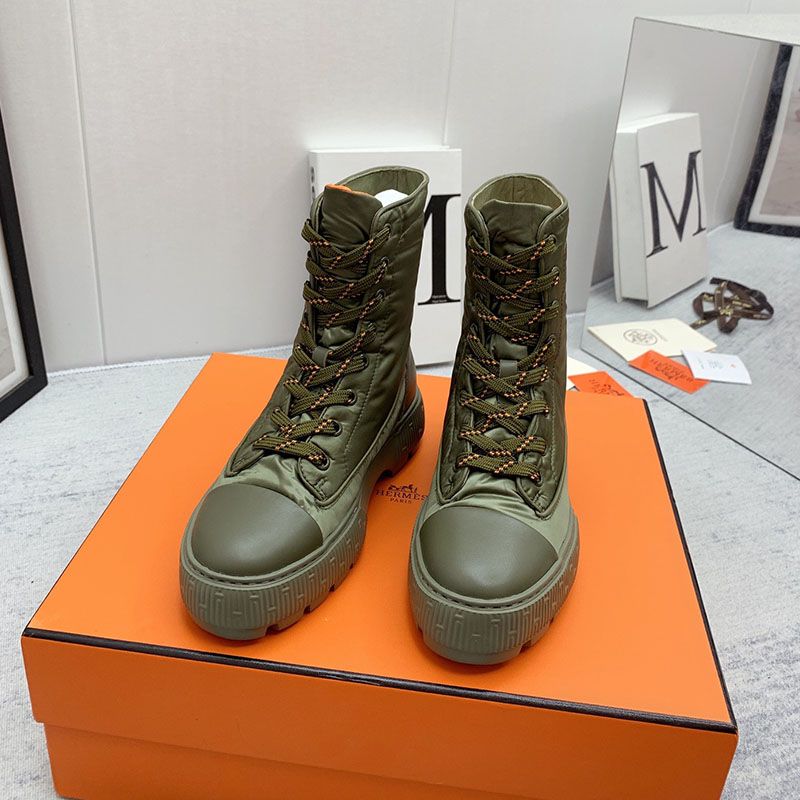 Hermes Fresh Ankle Boots Women Calfskin and Parachute with Logo Emblem In Green