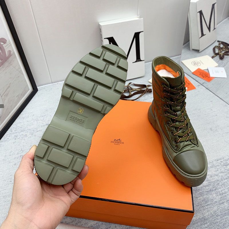 Hermes Fresh Ankle Boots Women Calfskin and Parachute with Logo Emblem In Green