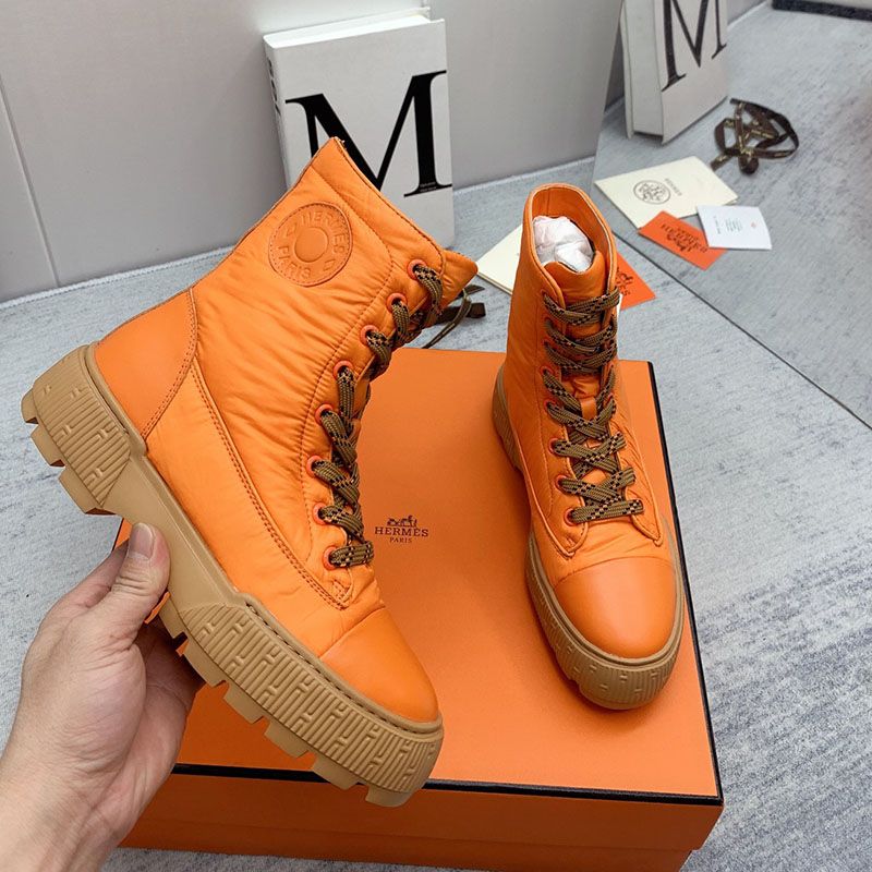 Hermes Fresh Ankle Boots Women Calfskin and Parachute with Logo Emblem In Orange