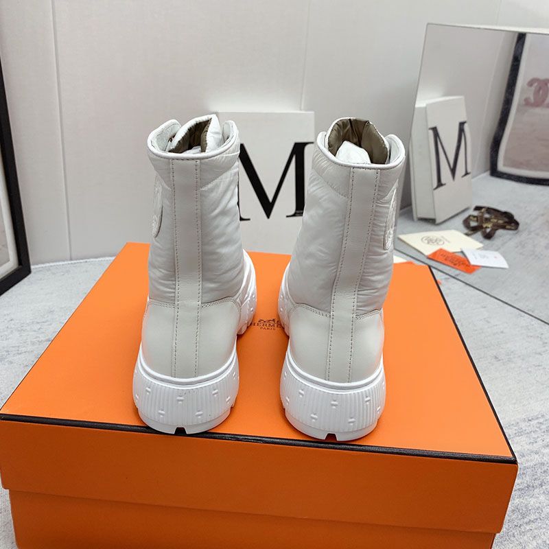 Hermes Fresh Ankle Boots Women Calfskin and Parachute with Logo Emblem In White