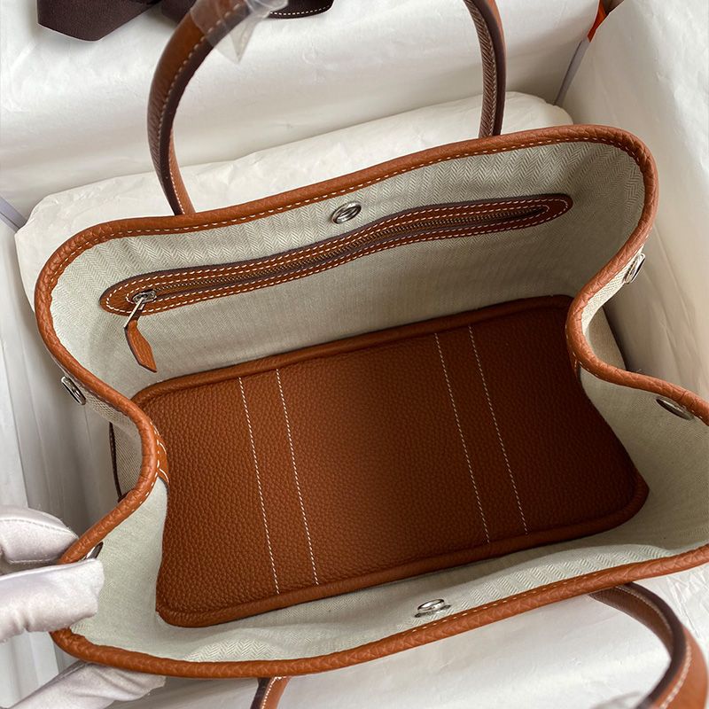 Hermes Garden Party Bag Canvas Palladium Hardware In Brown