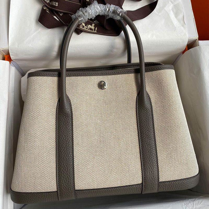 Hermes Garden Party Bag Canvas Palladium Hardware In Etain Grey