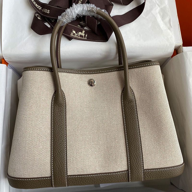 Hermes Garden Party Bag Canvas Palladium Hardware In Khaki