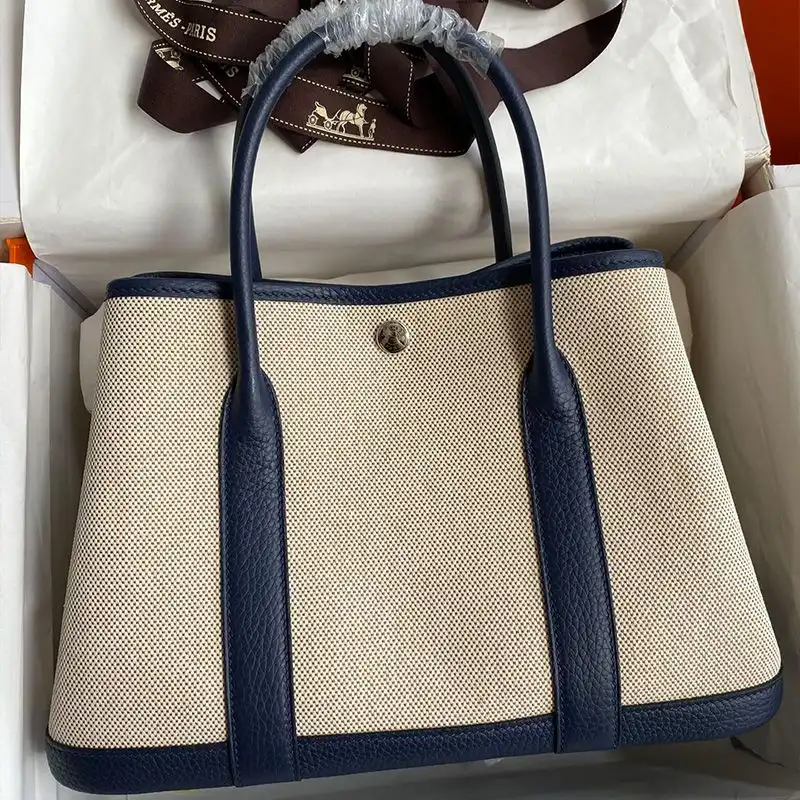 Affordable Hermes Garden Party Bag Canvas Palladium Hardware In Navy Blue