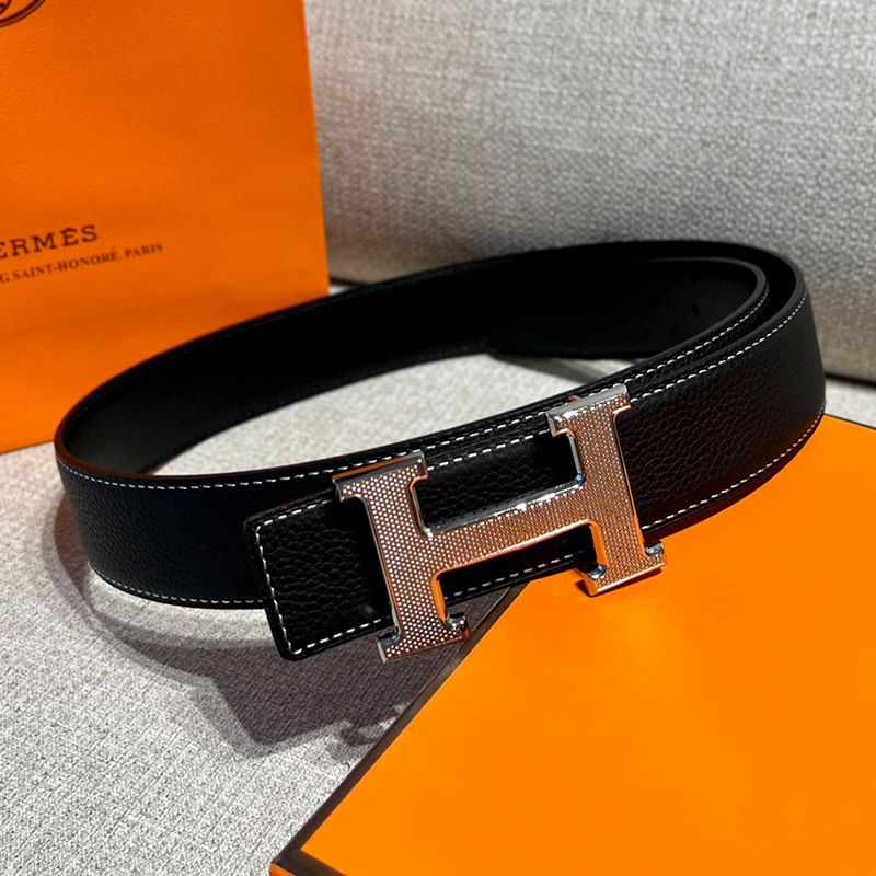 Hermes Guilloched H Reversible Belt Leather In Black Silver