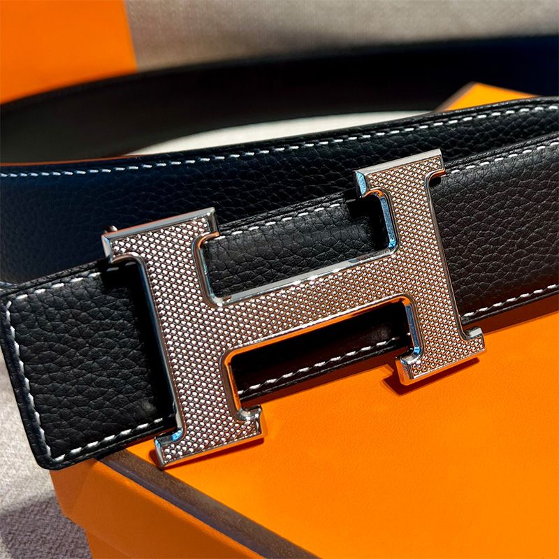 Hermes Guilloched H Reversible Belt Leather In Black Silver