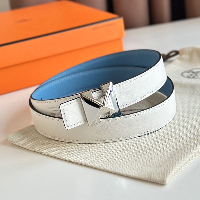 Hermes H Buckle 24 Reversible Belt Leather In White Blue