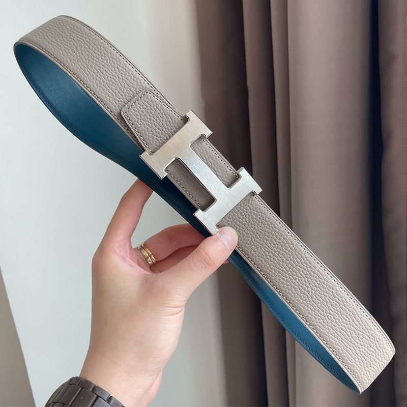 Hermes H Buckle 38 Reversible Belt Leather In Grey Blue