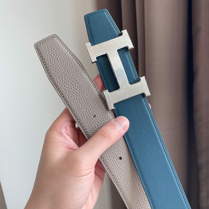 Hermes H Buckle 38 Reversible Belt Leather In Grey Blue