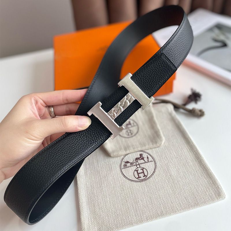 Hermes H Gourmette 38 Reversible Belt Leather In Black