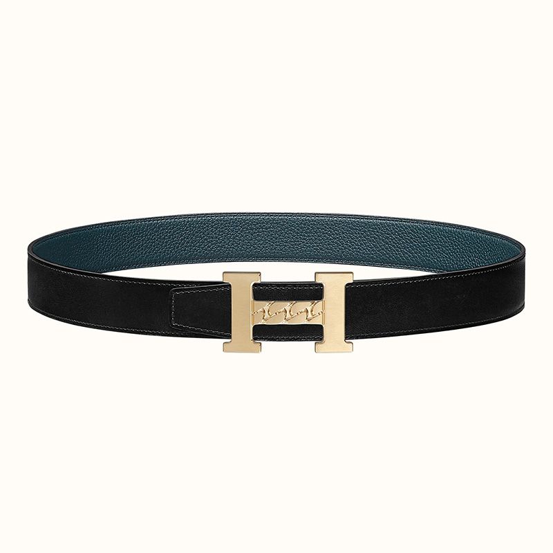 Hermes H Gourmette 38 Reversible Belt Leather In Black Blue