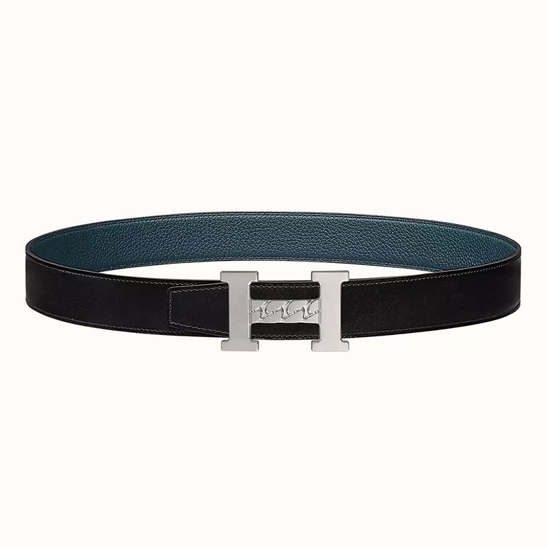 Hermes H Gourmette 38 Reversible Belt Leather In Black Blue