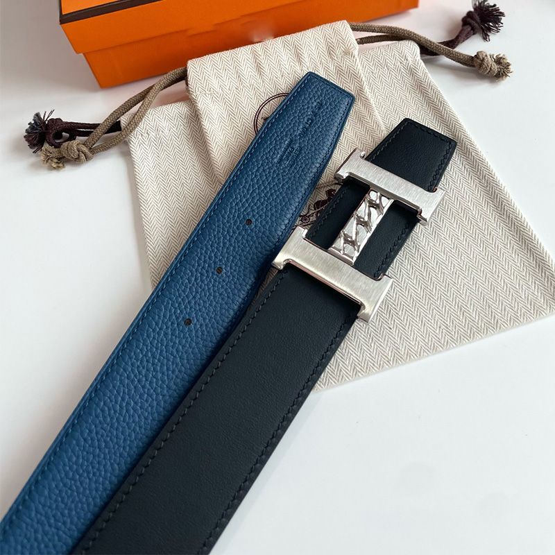 Hermes H Gourmette 38 Reversible Belt Leather In Black Blue