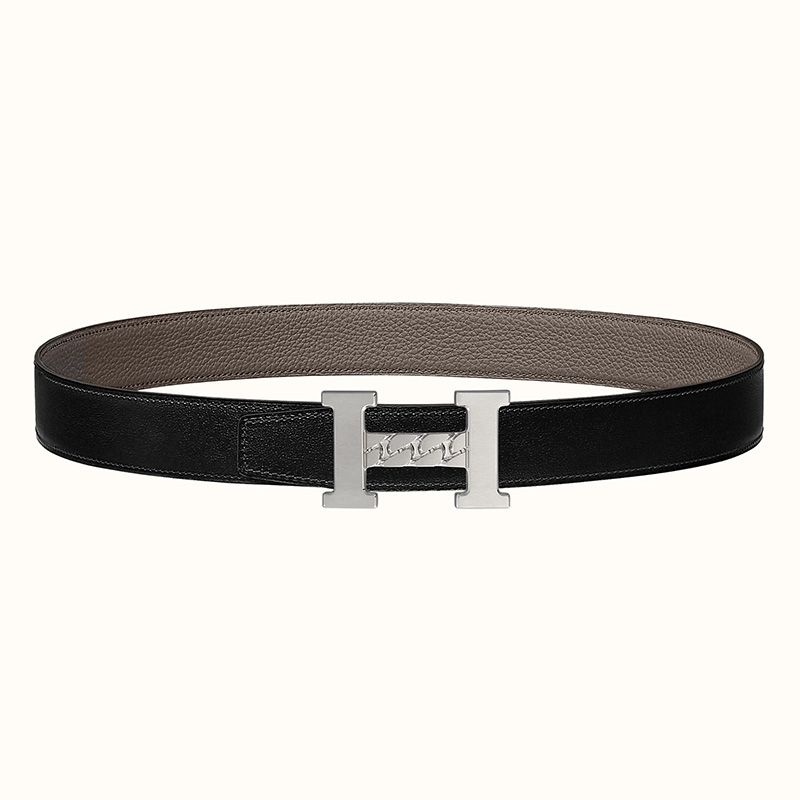 Hermes H Gourmette 38 Reversible Belt Leather In Black Grey