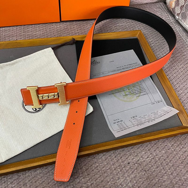 Hermes H Gourmette 38 Reversible Belt Leather In Orange Black