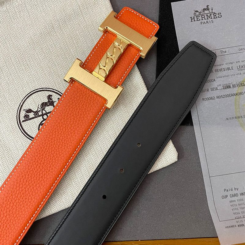 Hermes H Gourmette 38 Reversible Belt Leather In Orange Black