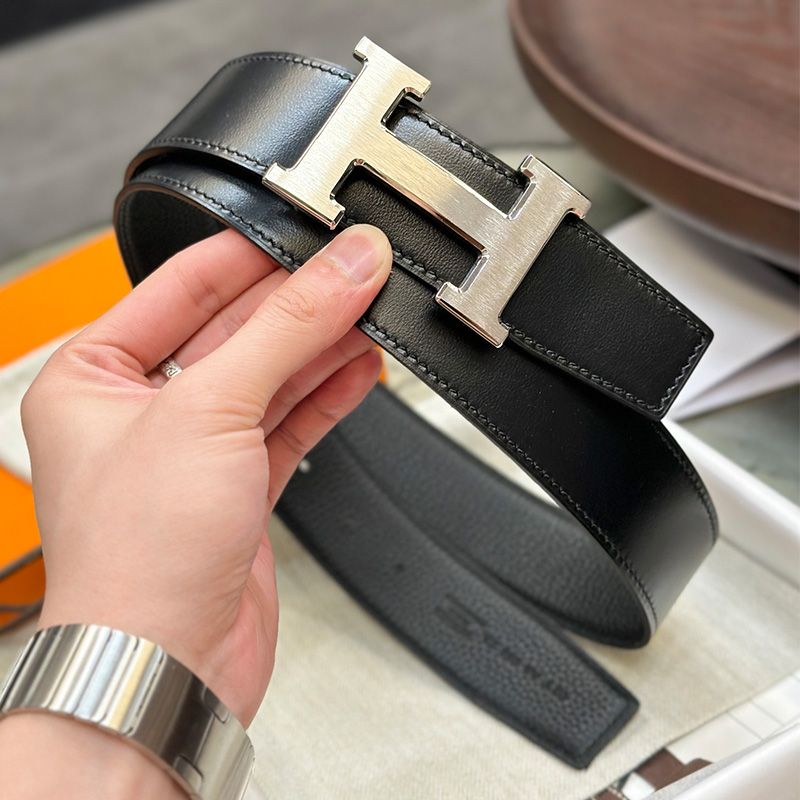 Hermes H Logo 38 Reversible Belt Calfskin In Black