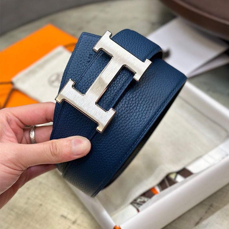 Hermes H Logo 38 Reversible Belt Calfskin In Blue Black