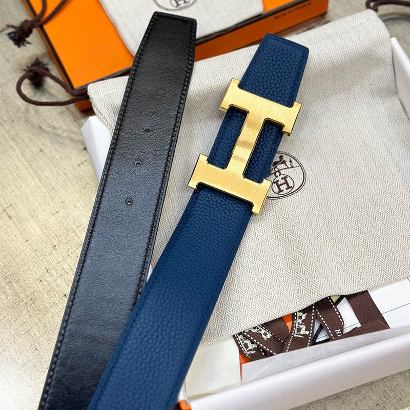 Hermes H Logo 38 Reversible Belt Calfskin In Blue Black