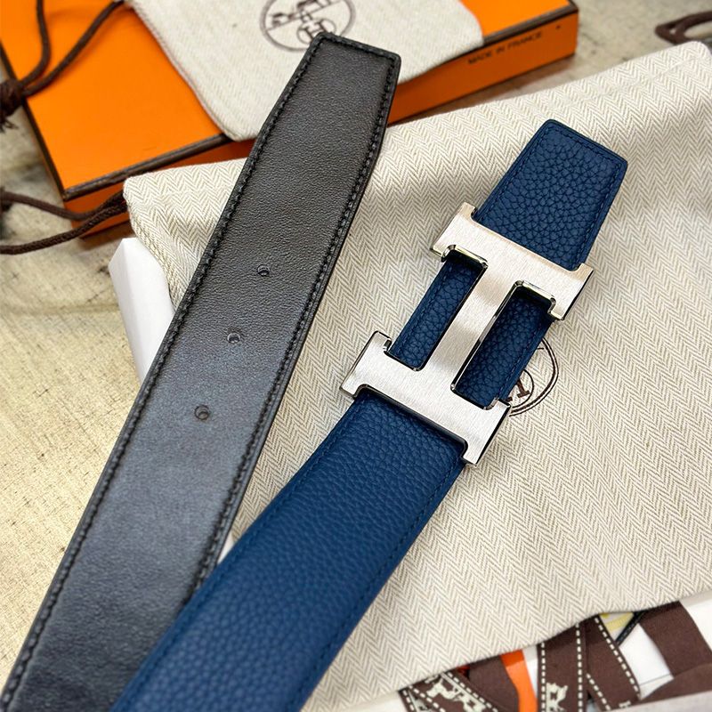 Hermes H Logo 38 Reversible Belt Calfskin In Blue Black