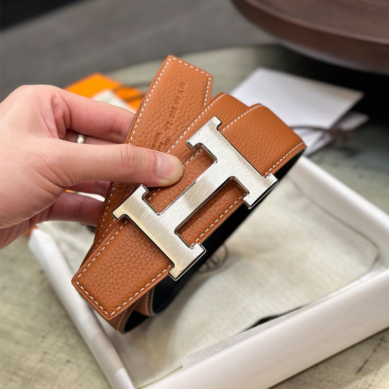 Hermes H Logo 38 Reversible Belt Calfskin In Khaki Black