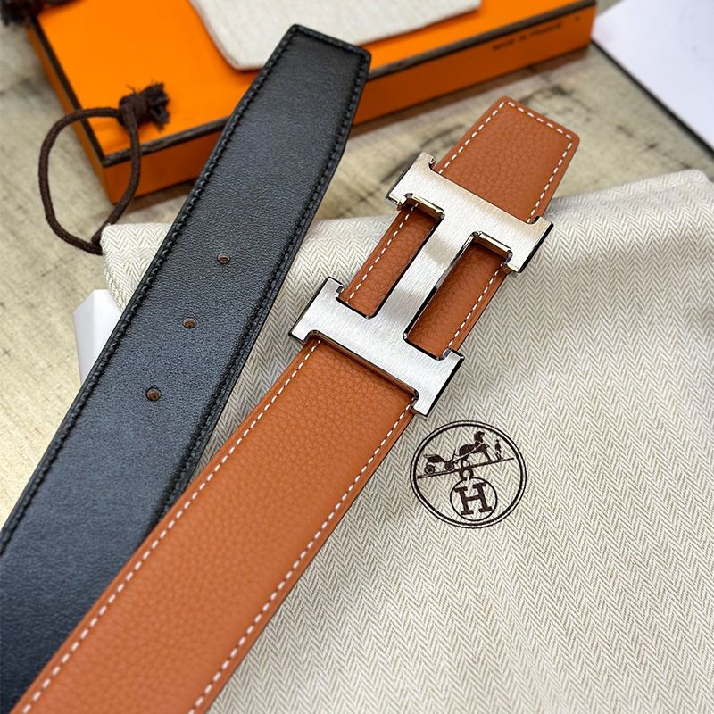 Hermes H Logo 38 Reversible Belt Calfskin In Khaki Black