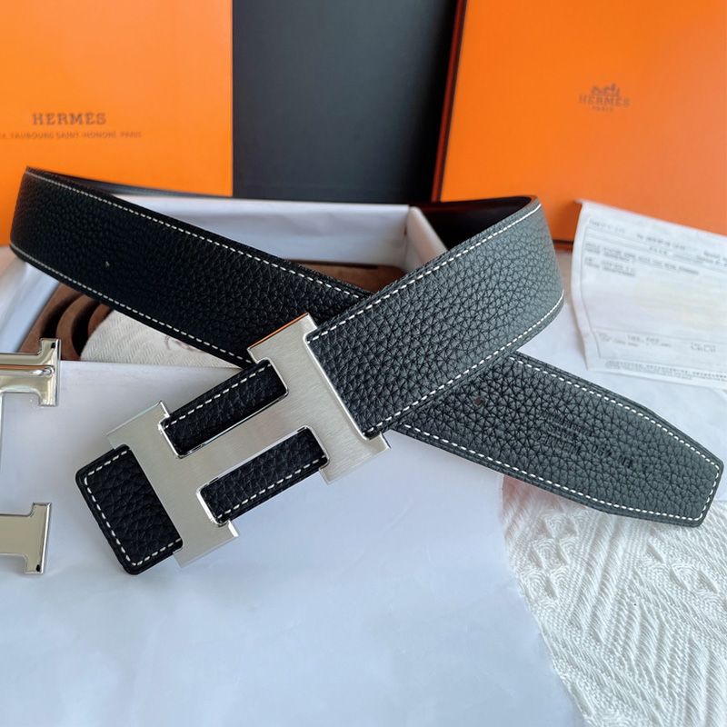 Hermes H Logo Buckle 38 Reversible Belt Leather In Black