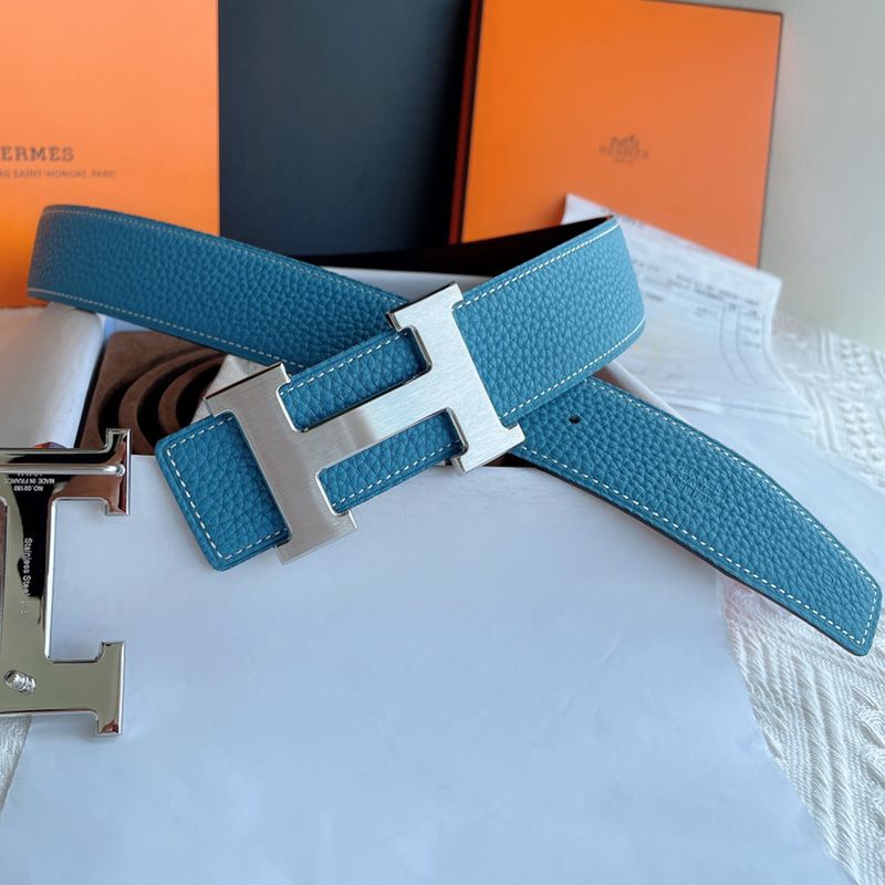 Hermes H Logo Buckle 38 Reversible Belt Leather In Blue Black