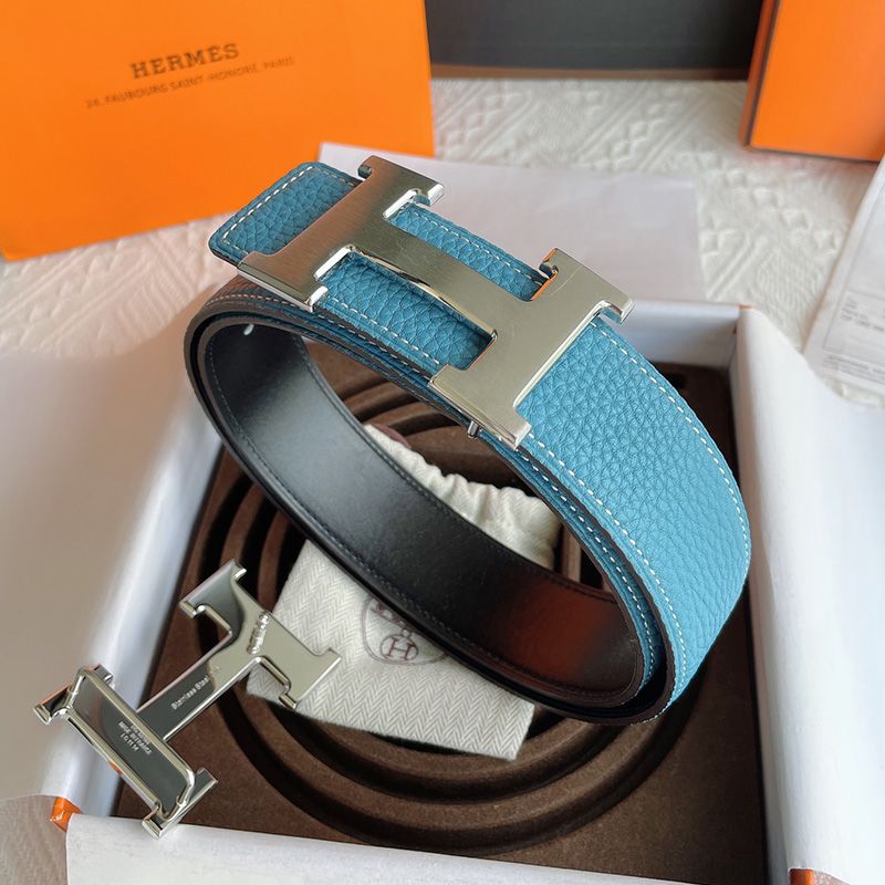 Hermes H Logo Buckle 38 Reversible Belt Leather In Blue Black