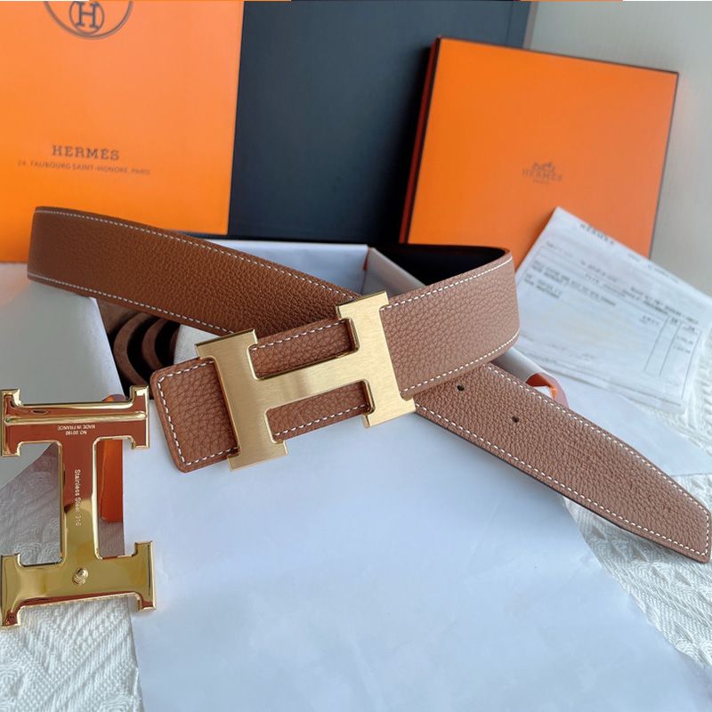 Hermes H Logo Buckle 38 Reversible Belt Leather In Brown Black